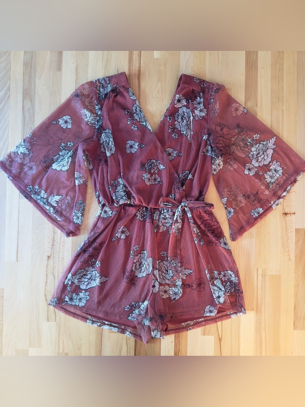 Maroon Floral Mesh Romper